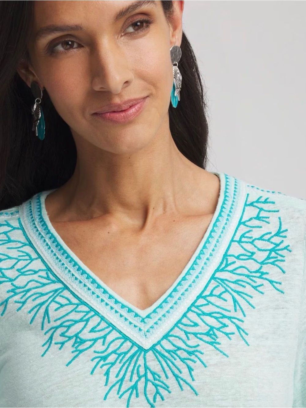 Chicos Linen Embroidered V-Neck 3/4 Sleeves Coastal Ocean Blue Tunic Top Size XL - Picture 3 of 8